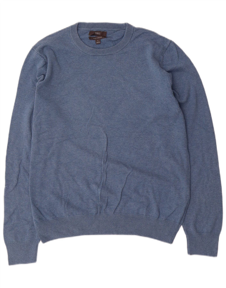 Suéter masculino Marks & Spencer com gola redonda, algodão azul médio
