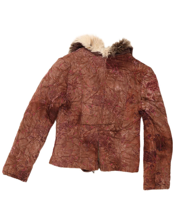 Jaqueta acolchoada feminina vintage UK 10 pequena marrom floral
