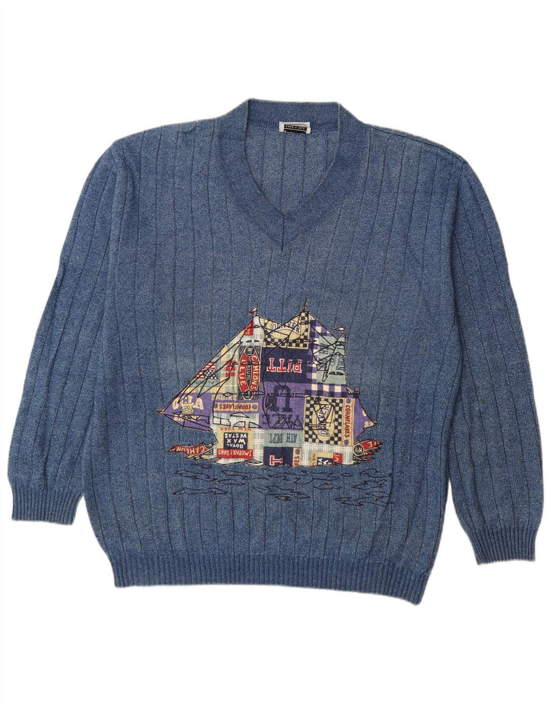 Suéter masculino vintage com decote em V XL azul algodão quadrinhos