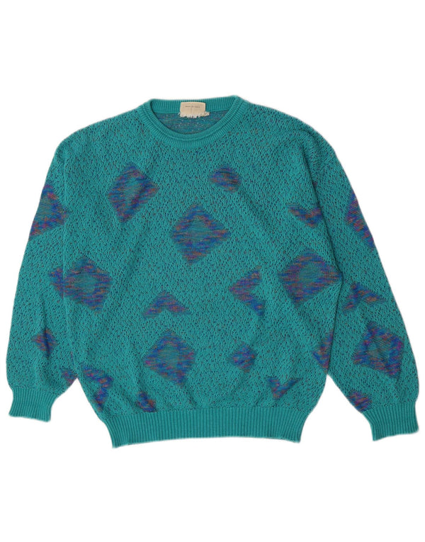 Suéter feminino vintage com gola redonda IT 50 XL turquesa geométrico