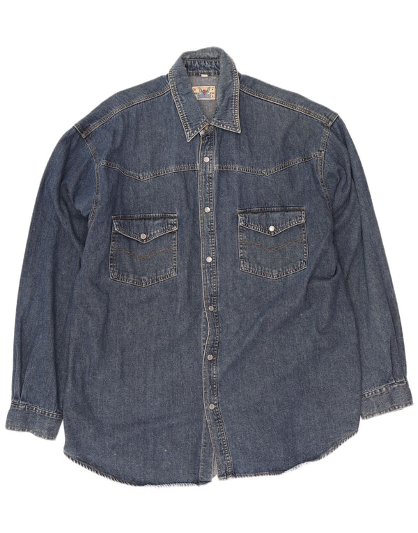 Camisa jeans masculina vintage de algodão azul marinho médio