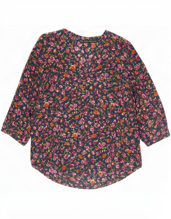 Zara blusa feminina manga 3/4 top UK 16 grande floral multicolorido