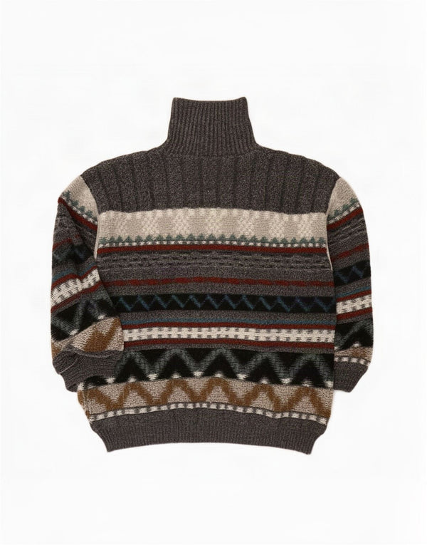 Suéter masculino vintage com gola redonda grande cinza Fair Isle