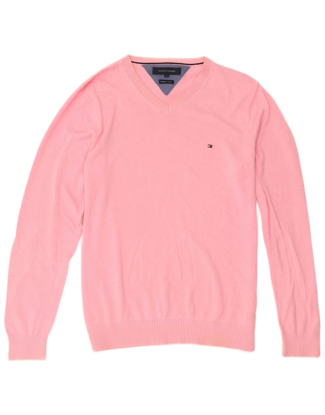 Suéter masculino Tommy Hilfiger com decote em V de algodão rosa médio