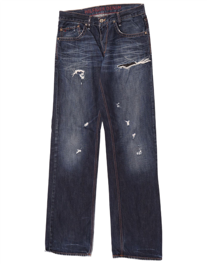 Tommy Hilfiger Calça jeans reta masculina desgastada W31 L36 Azul