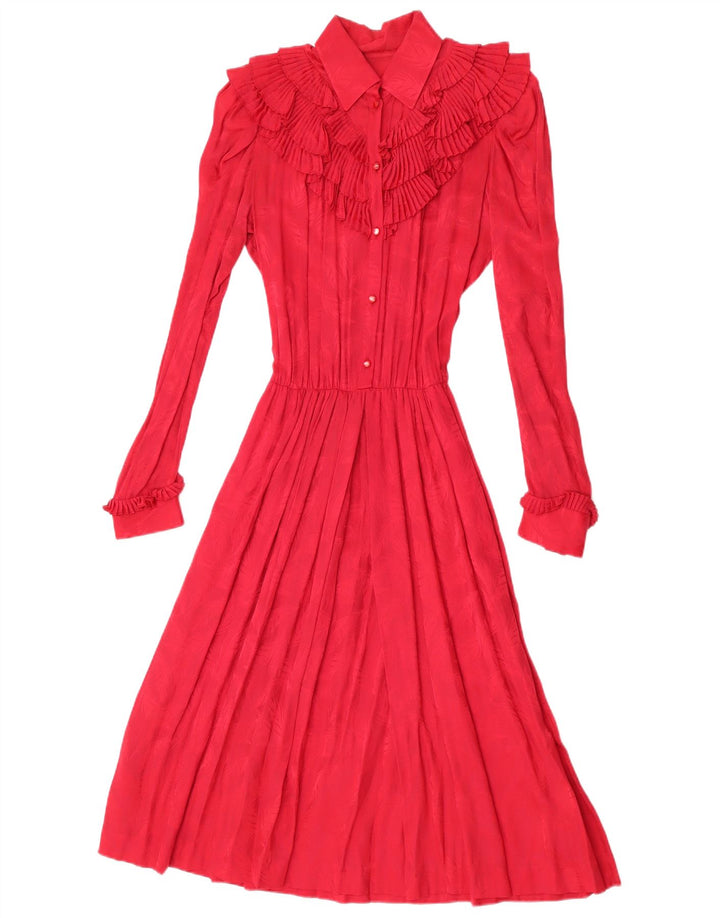 Vestido maxi feminino vintage de manga comprida com babados na frente Reino Unido 12 vermelho médio