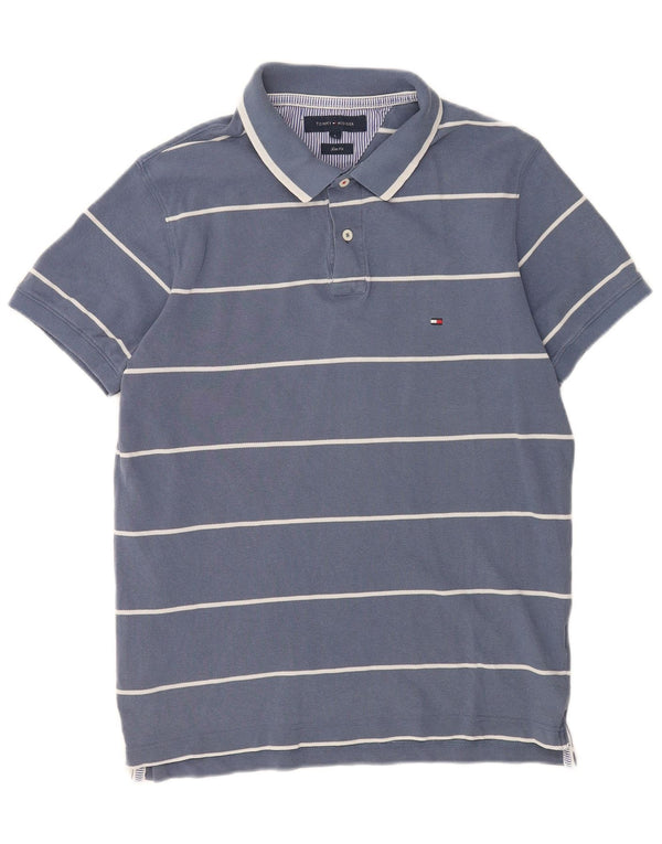 Tommy Hilfiger Mens Slim Fit Polo Shirt Large Blue Striped Cotton