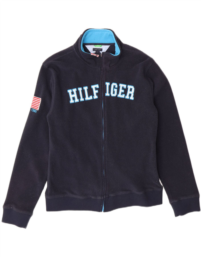 TOMMY HILFIGER Boys Graphic Fleece Jacket 15-16 Years XL Navy Blue Vintage Tommy Hilfiger and Second-Hand Tommy Hilfiger from Messina Hembry 