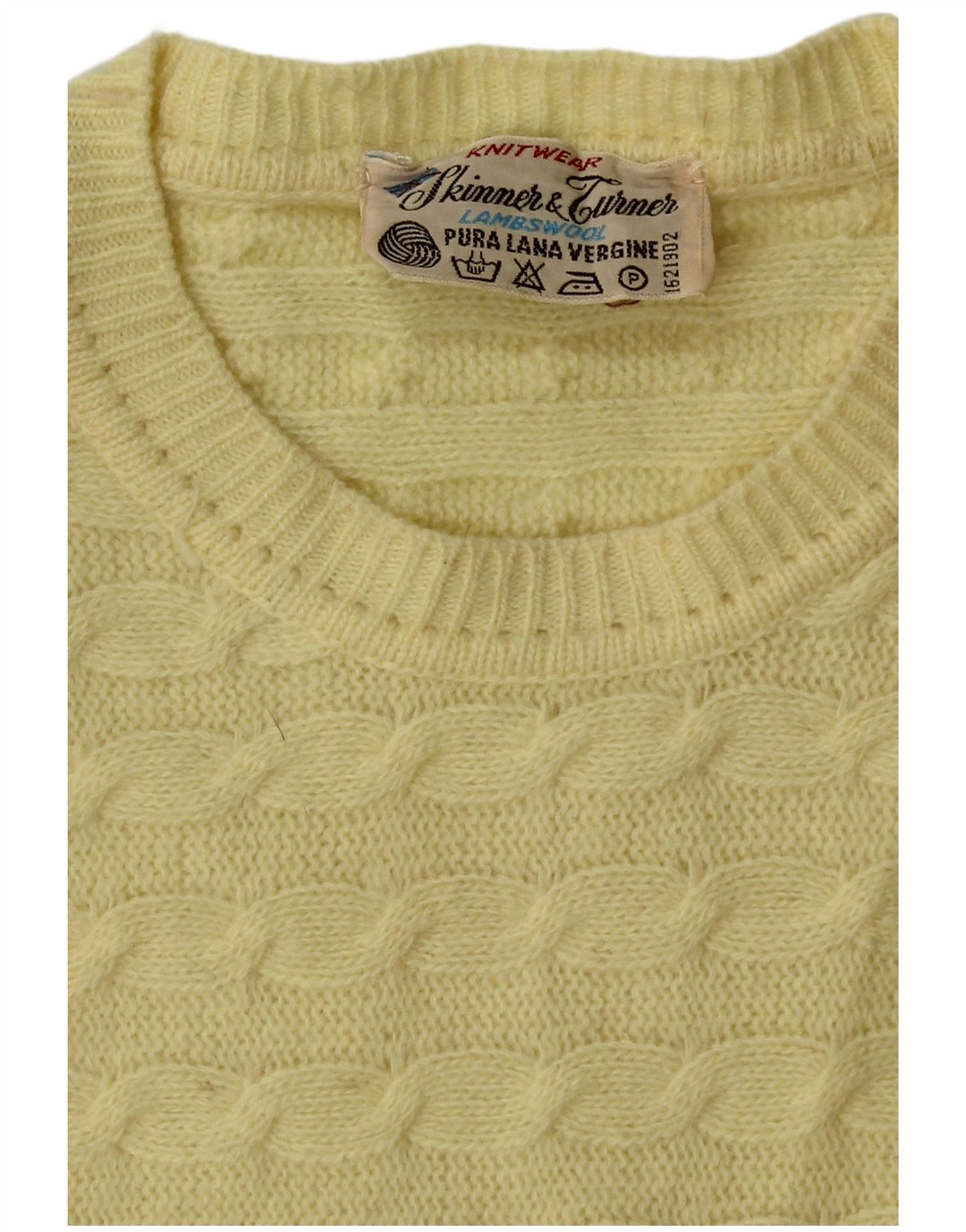 Suéter feminino VINTAGE com gola redonda Reino Unido 14 lã virgem amarela média