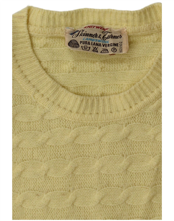 Suéter feminino VINTAGE com gola redonda Reino Unido 14 lã virgem amarela média