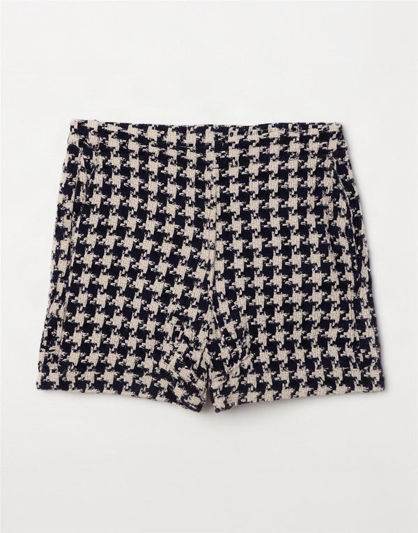 Zara Shorts feminino cintura alta casual XS W24 algodão houndstooth azul marinho