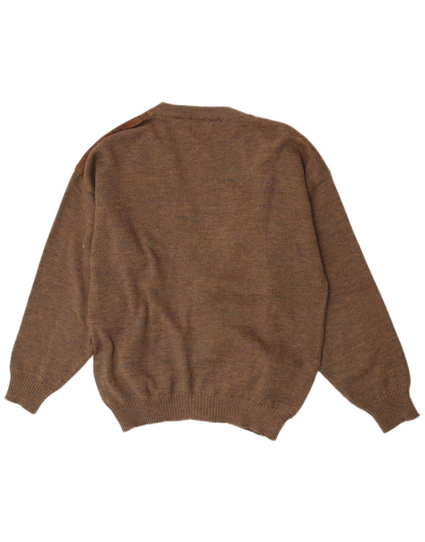 Suéter cardigã de camurça masculino vintage grande lã geométrica marrom