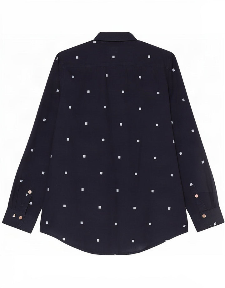 Camisa feminina manga 3/4 White Stuff Reino Unido 12 algodão geométrico azul marinho médio