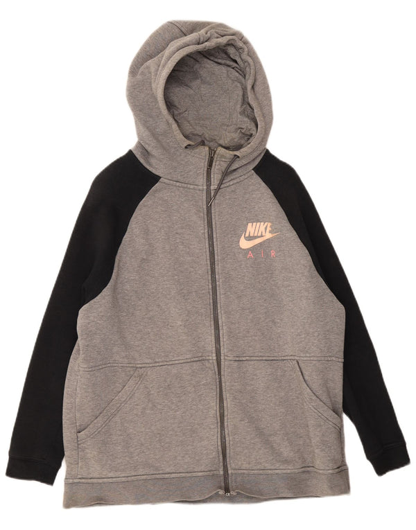 Suéter Nike feminino com capuz e zíper gráfico UK 16 grande cinza colorido bloco de algodão