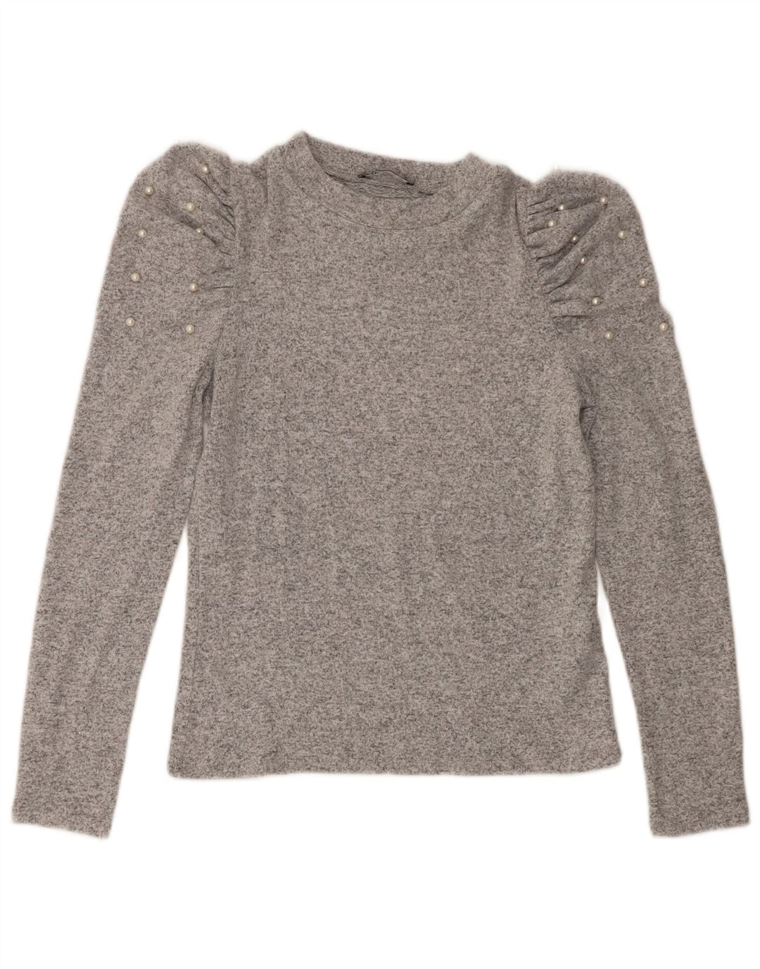 Top feminino Zara manga comprida UK 12 viscose manchada cinza médio