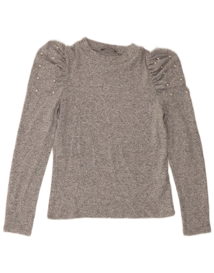 Top feminino Zara manga comprida UK 12 viscose manchada cinza médio