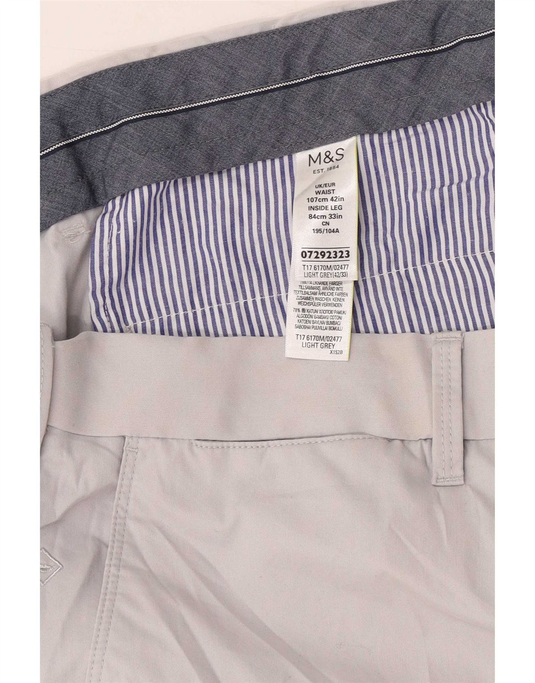 Calça chino reta masculina Marks & Spencer W42 L33 algodão cinza
