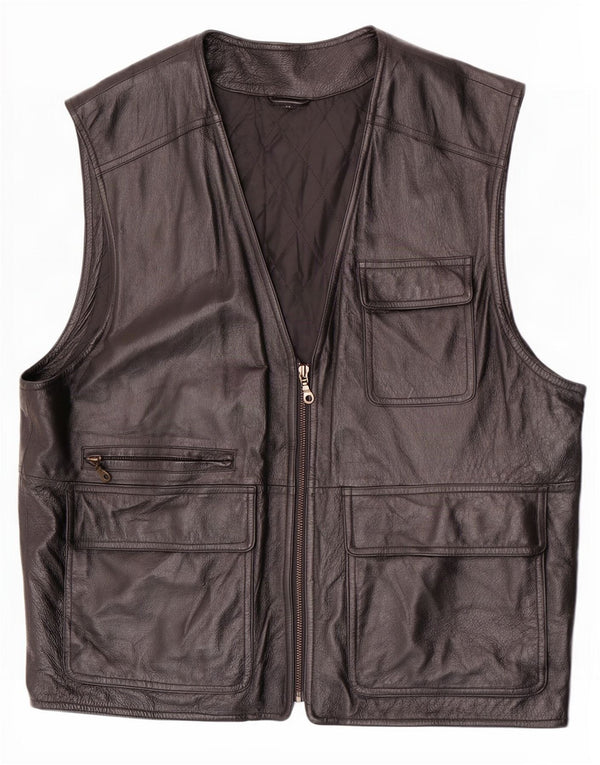 Colete utilitário de couro masculino vintage IT 52 XL preto