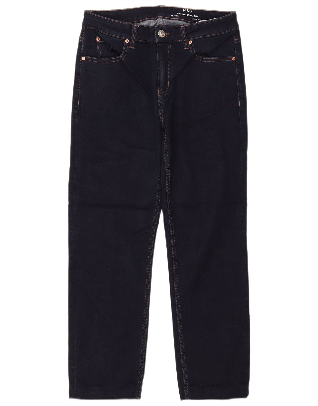 Calça jeans reta feminina Marks & Spencer UK 12 médio W30 L26 azul marinho