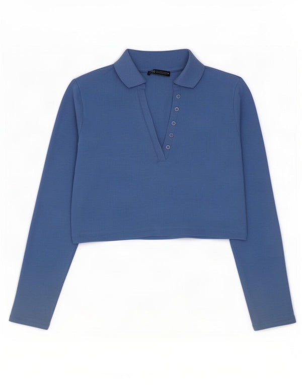 Camisa polo feminina Zara Crop manga comprida Reino Unido 14 grande algodão azul