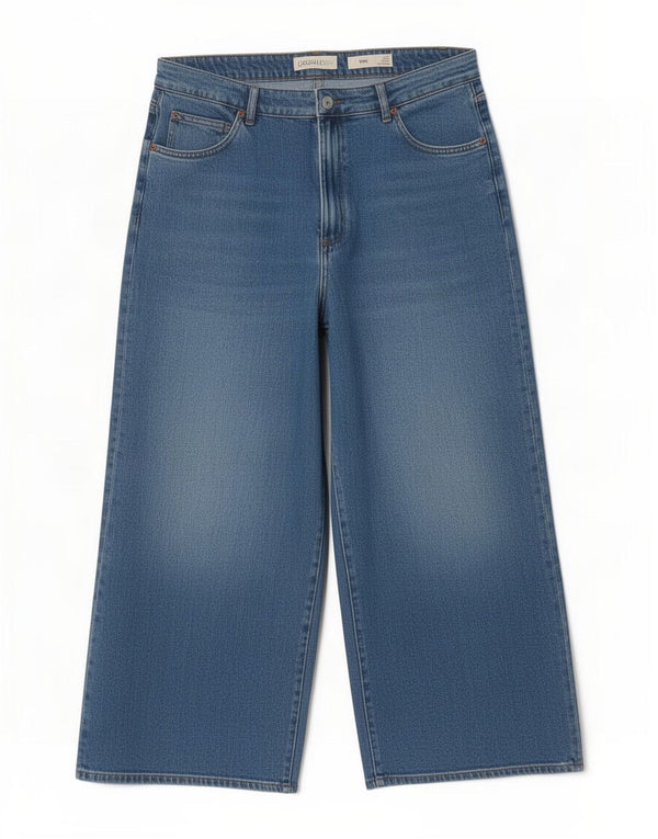 Calça jeans feminina Marks & Spencer cintura alta com perna larga Reino Unido 16 grande W36 L22 azul