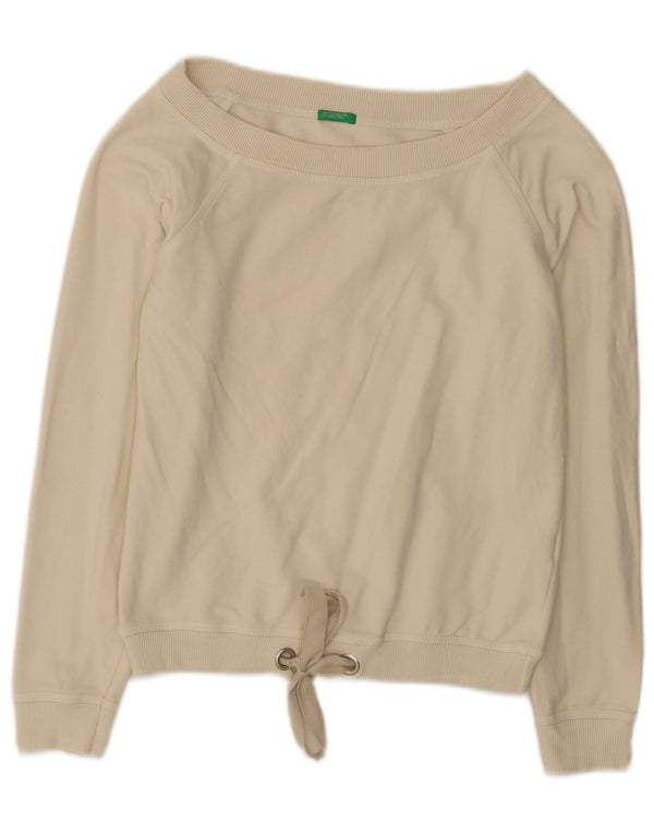 Suéter feminino Benetton cropped UK 10 pequeno algodão bege