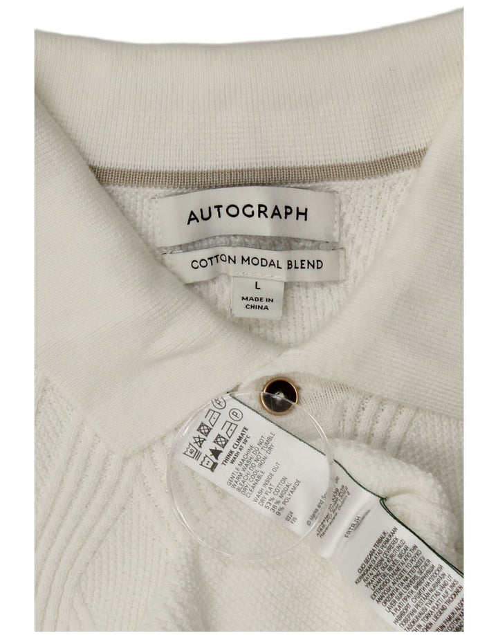 Suéter masculino Marks & Spencer Autograph Polo com gola grande de algodão branco