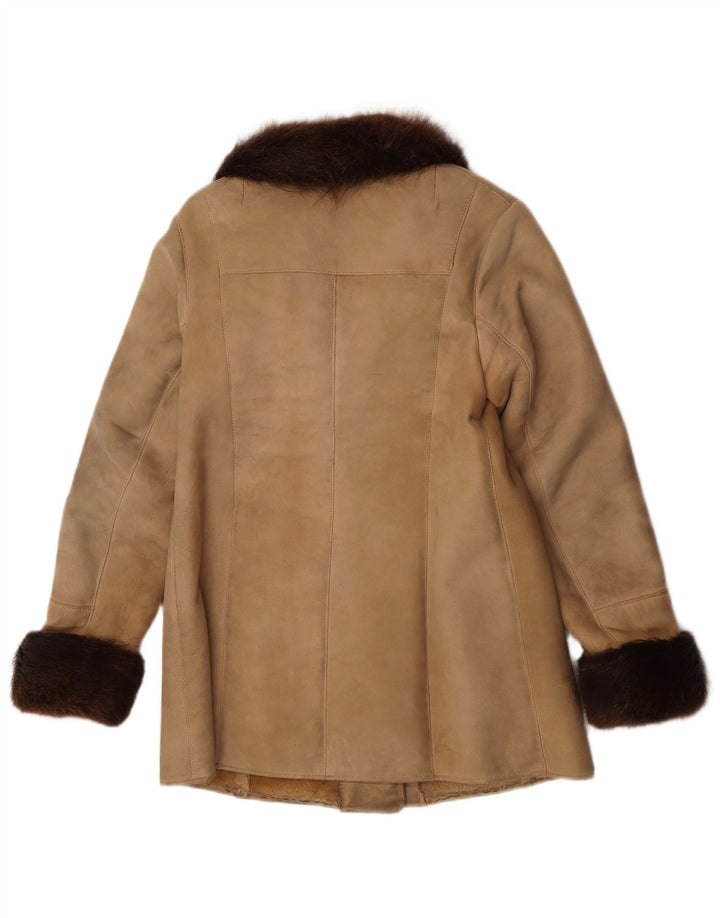 Casaco feminino vintage de shearling UK 10 pequeno bege