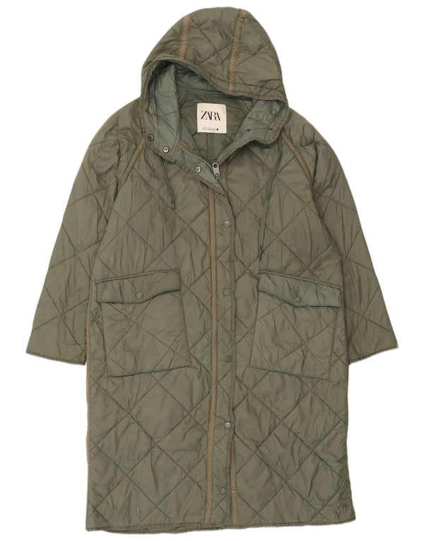 Sobretudo acolchoado com capuz grande Zara feminino Reino Unido 14 verde médio