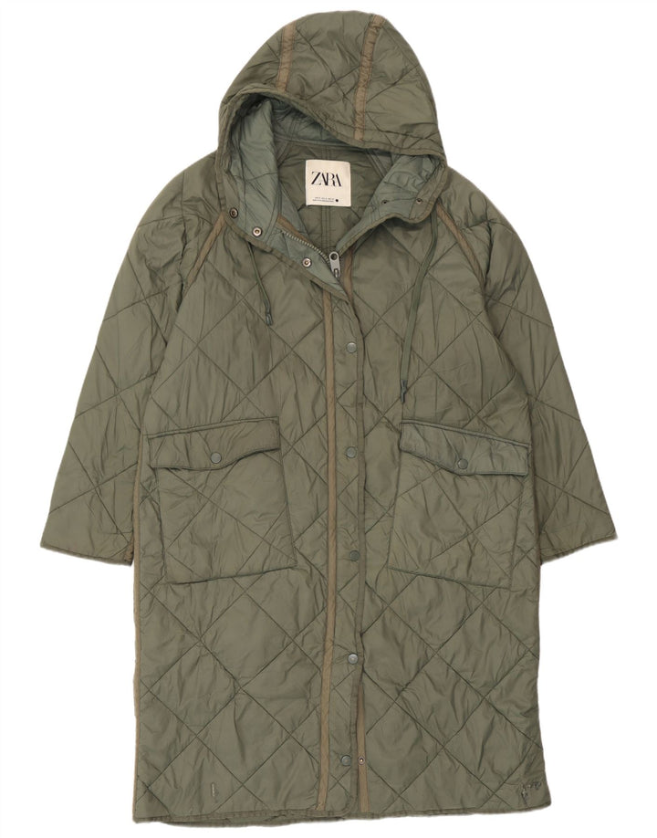 Sobretudo acolchoado com capuz grande Zara feminino Reino Unido 14 verde médio