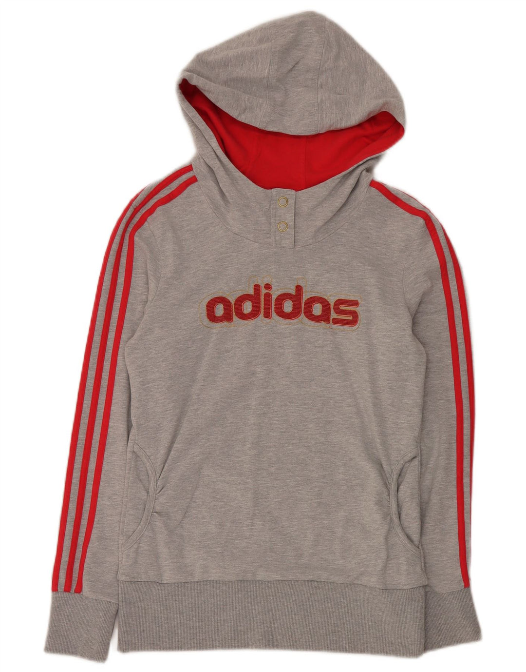 Adidas feminino gráfico botão pescoço moletom com capuz Reino Unido 12 algodão cinza médio