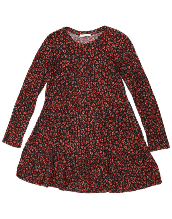 Vestido feminino Zara manga comprida evasê UK 12 médio preto floral