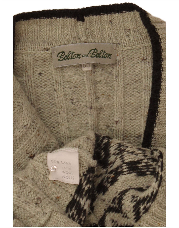 Suéter cardigã masculino vintage IT 50 lã Fair Isle cinza médio