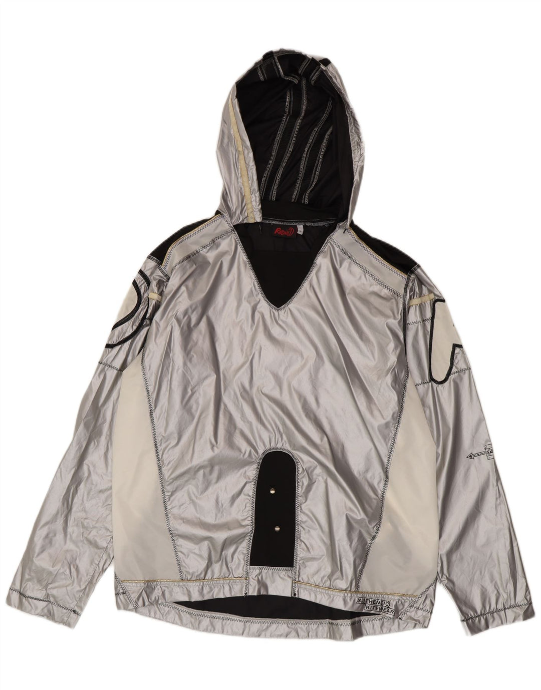 Jaqueta de chuva masculina vintage gráfica pulôver Reino Unido 38 bloco colorido prateado médio