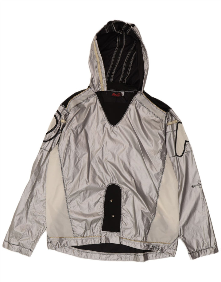 Jaqueta de chuva masculina vintage gráfica pulôver Reino Unido 38 bloco colorido prateado médio