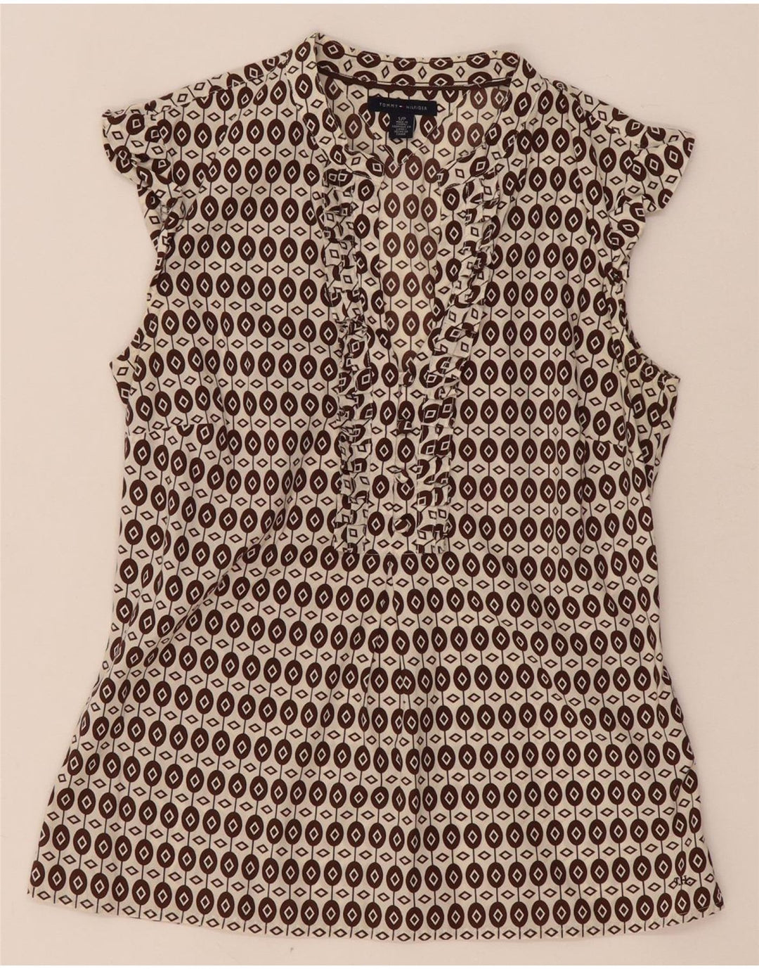 Blusa feminina Tommy Hilfiger com babados frontais Reino Unido 10 pequeno marrom geométrico