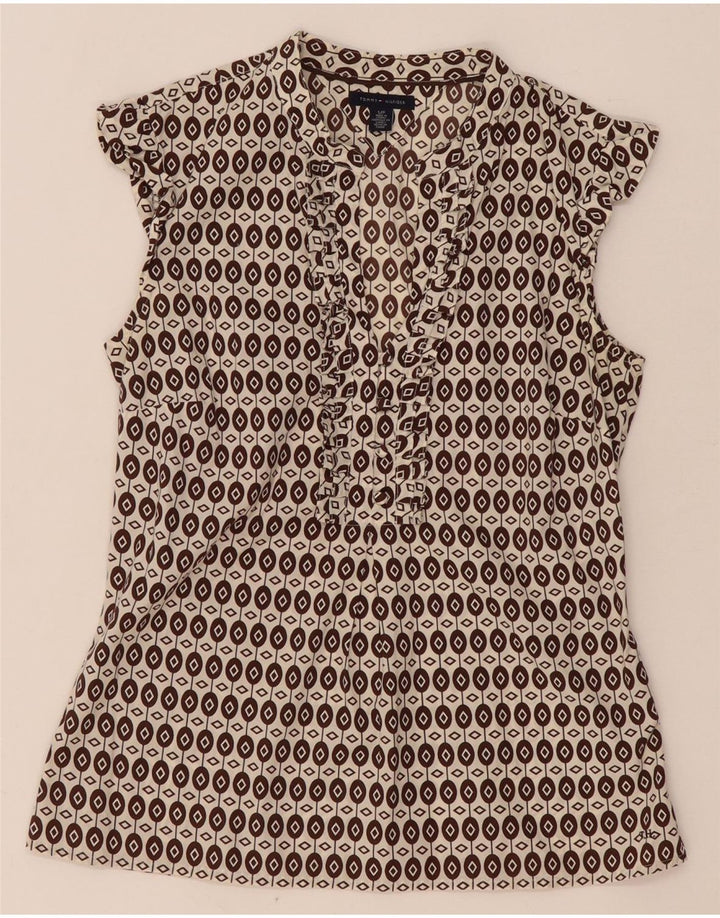 Blusa feminina Tommy Hilfiger com babados frontais Reino Unido 10 pequeno marrom geométrico