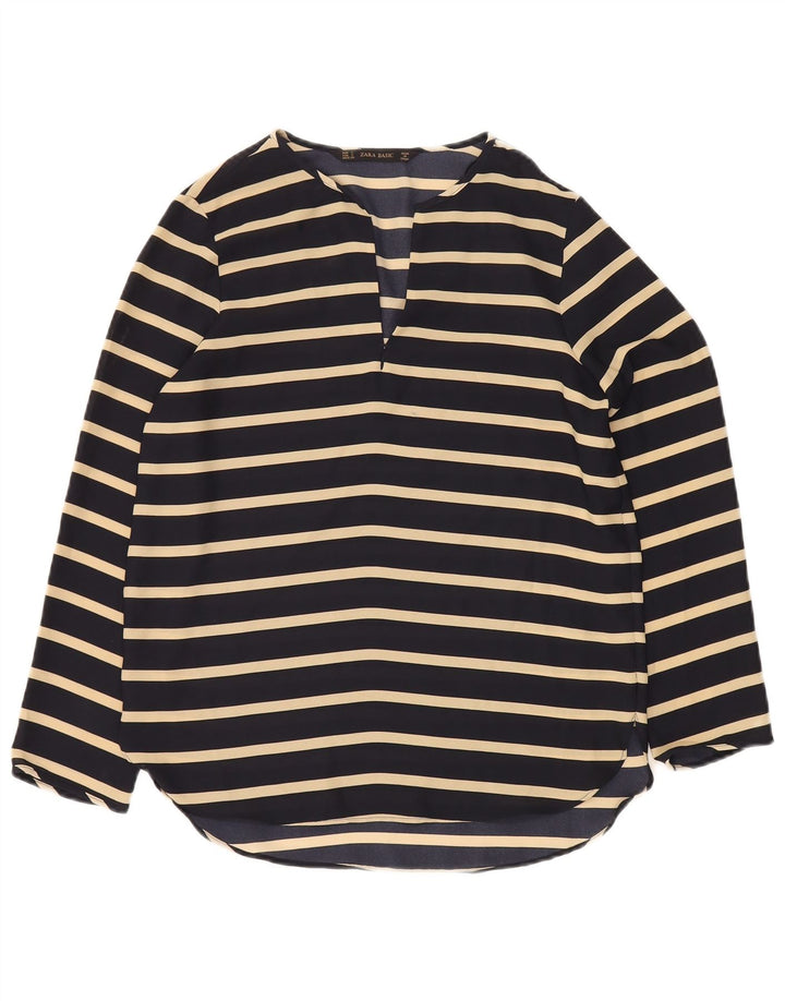 Blusa feminina de manga comprida Zara UK 10 pequena listrada azul marinho