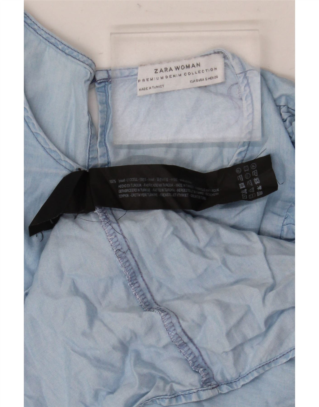 Blusa feminina Zara manga 3/4 com babado frontal Reino Unido 10 pequeno azul Lyocell