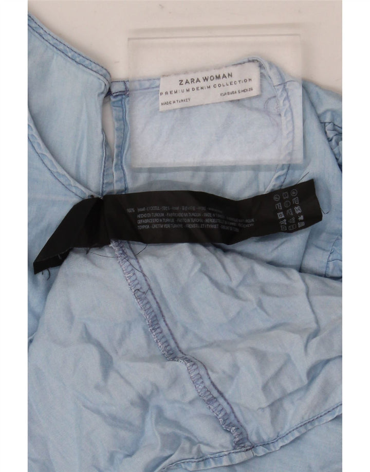 Blusa feminina Zara manga 3/4 com babado frontal Reino Unido 10 pequeno azul Lyocell