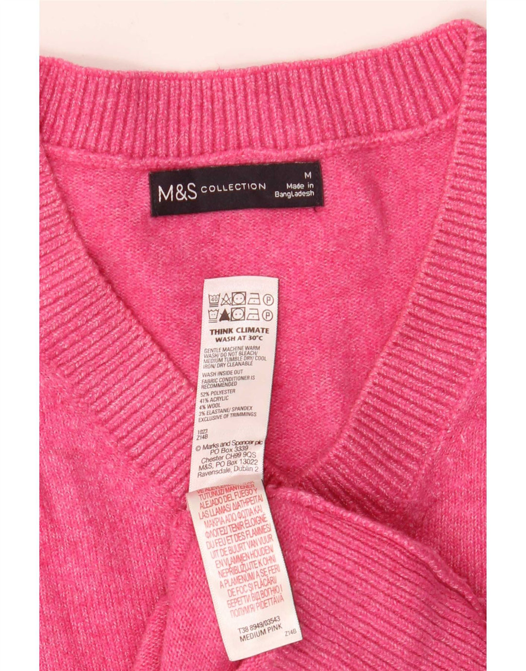 Suéter feminino Marks & Spencer com decote em V Reino Unido 14 poliéster rosa médio
