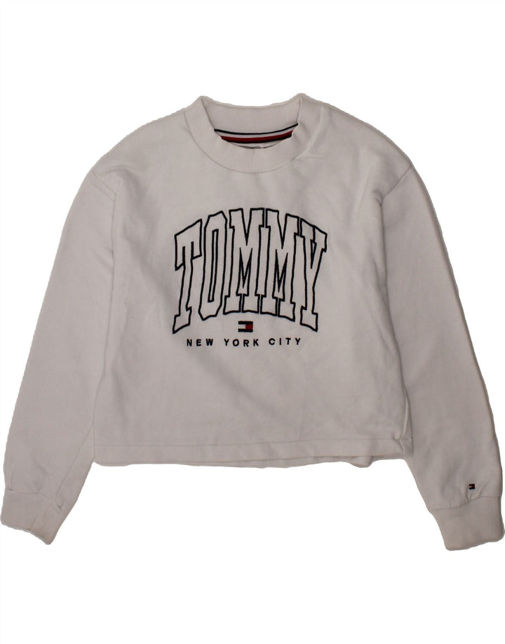 TOMMY HILFIGER Girls Crop Graphic Sweatshirt Jumper 9-10 Years White Vintage Tommy Hilfiger and Second-Hand Tommy Hilfiger from Messina Hembry 