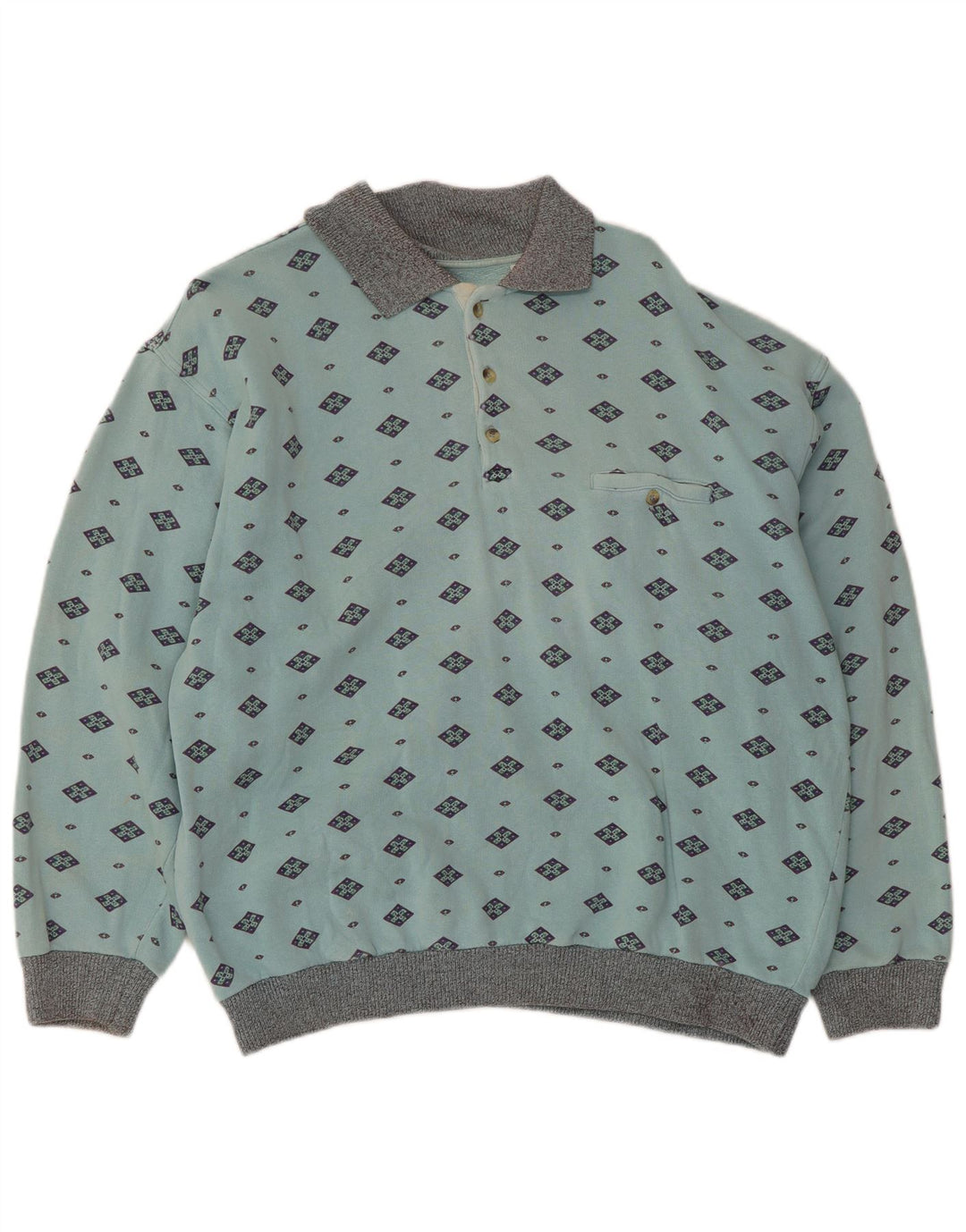 Moletom masculino vintage com gola polo jumper algodão geométrico azul médio