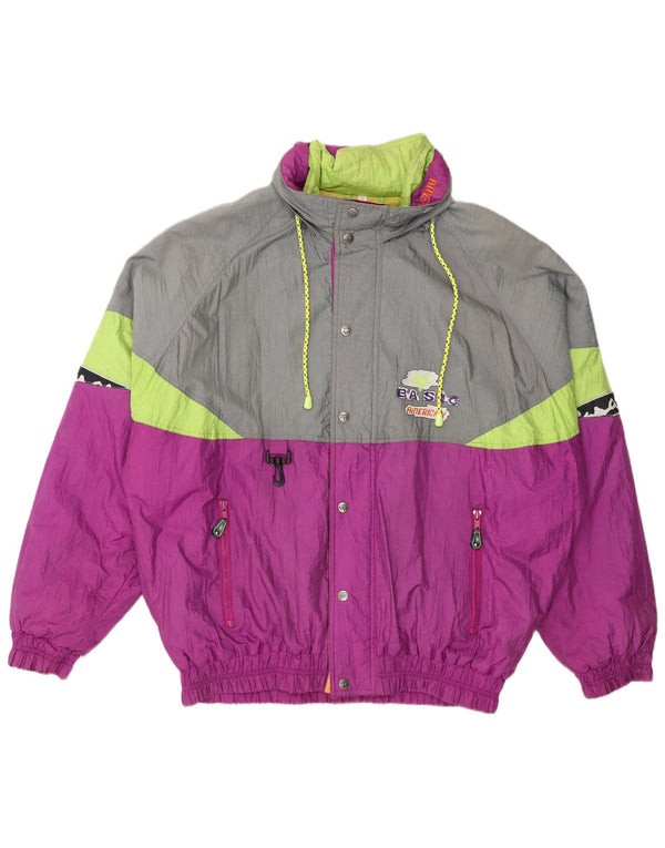 Jaqueta corta-vento masculina vintage de ajuste solto Reino Unido 40 grande bloco colorido roxo