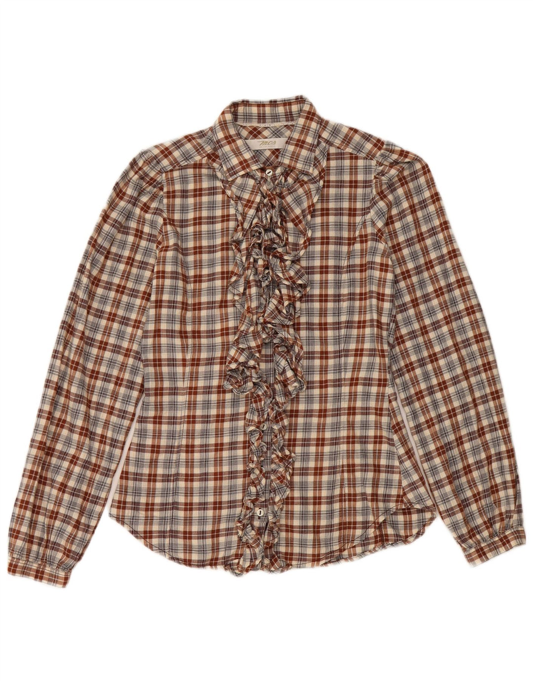 Camisa feminina Marlboro Classics com babados na frente IT 38 XS algodão xadrez marrom