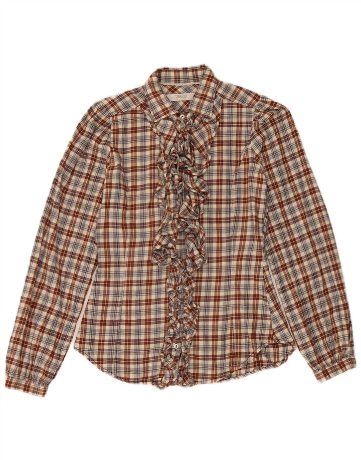 Camisa feminina Marlboro Classics com babados na frente IT 38 XS algodão xadrez marrom