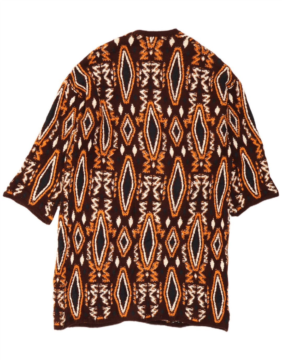 Suéter cardigã feminino Zara Longline UK 10 pequeno multicolorido geométrico