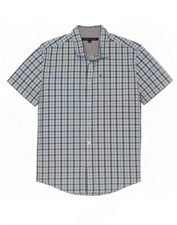 Tommy Hilfiger Camisa masculina de manga curta grande algodão xadrez azul