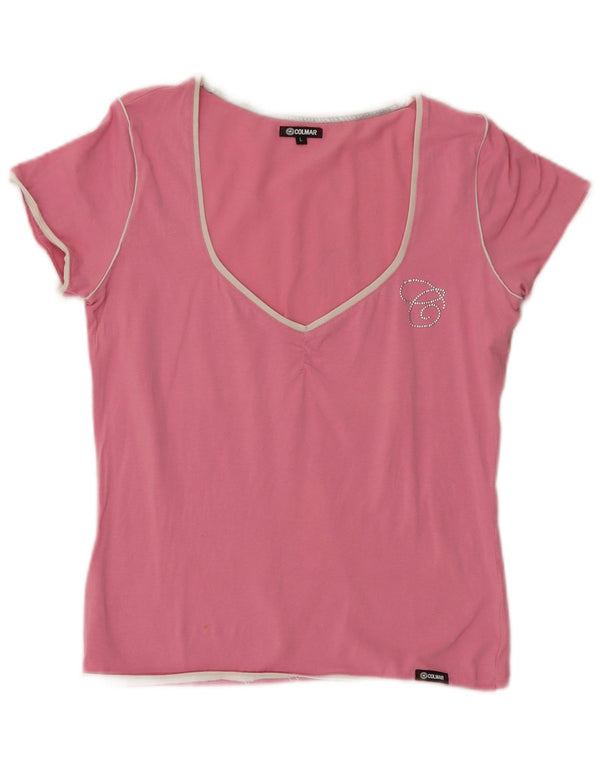 Camiseta feminina Colmar Slim Fit com estampa gráfica UK 16 grande logotipo de algodão rosa