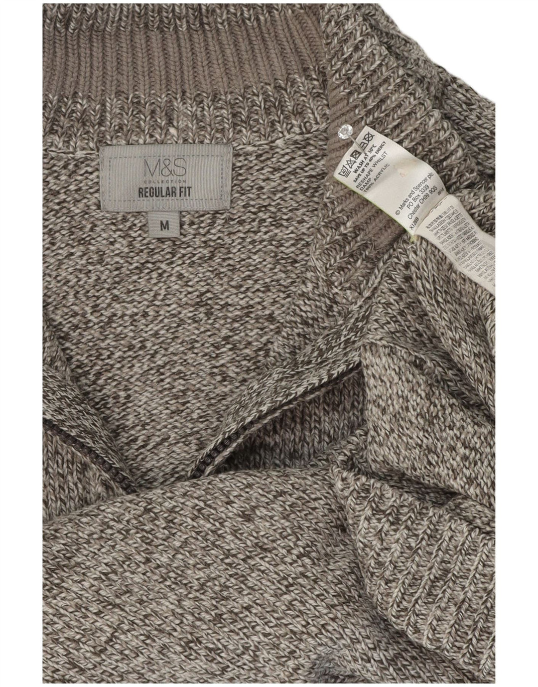 Suéter masculino Marks & Spencer com zíper e gola cinza médio manchado